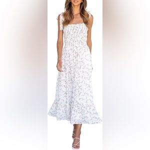 Women’s Boho Smocked Floral Midi Dress, White and Pink, Medium